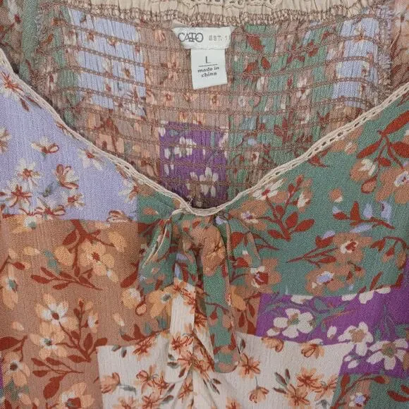 Cato Floral Patchwork Babydoll Boho Top L Milkmaid Smocked Cottagecore Peasant - Picture 3 of 11